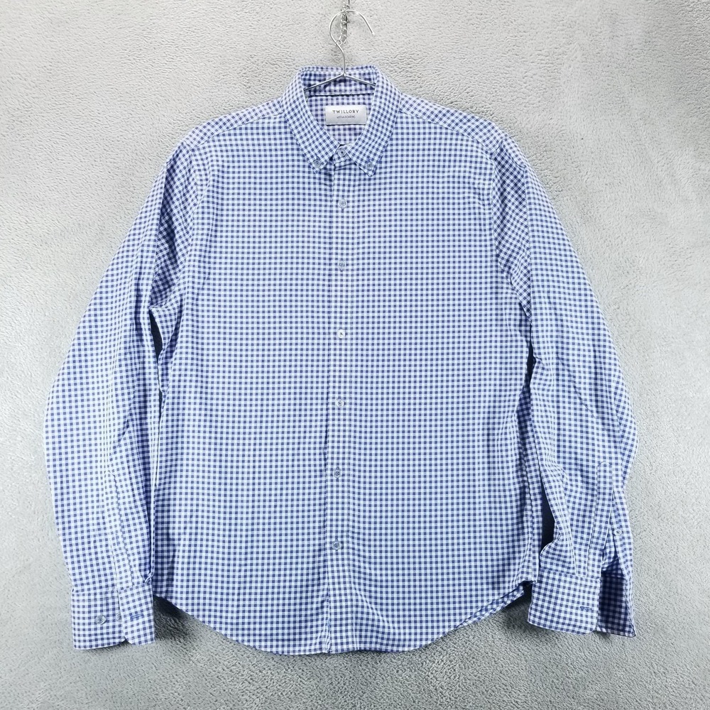 Twillory‎ Shirt Mens Medium Blue Gingham Check Tailored Fit Safe Cotton Non Iron